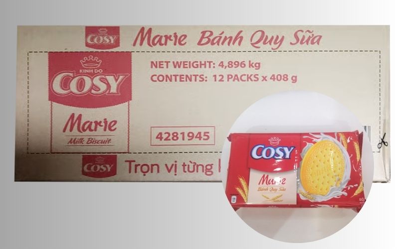 Quy cách đóng gói 1 thùng bánh quy sữa COSY Marie gói 408g gồm 12 gói 